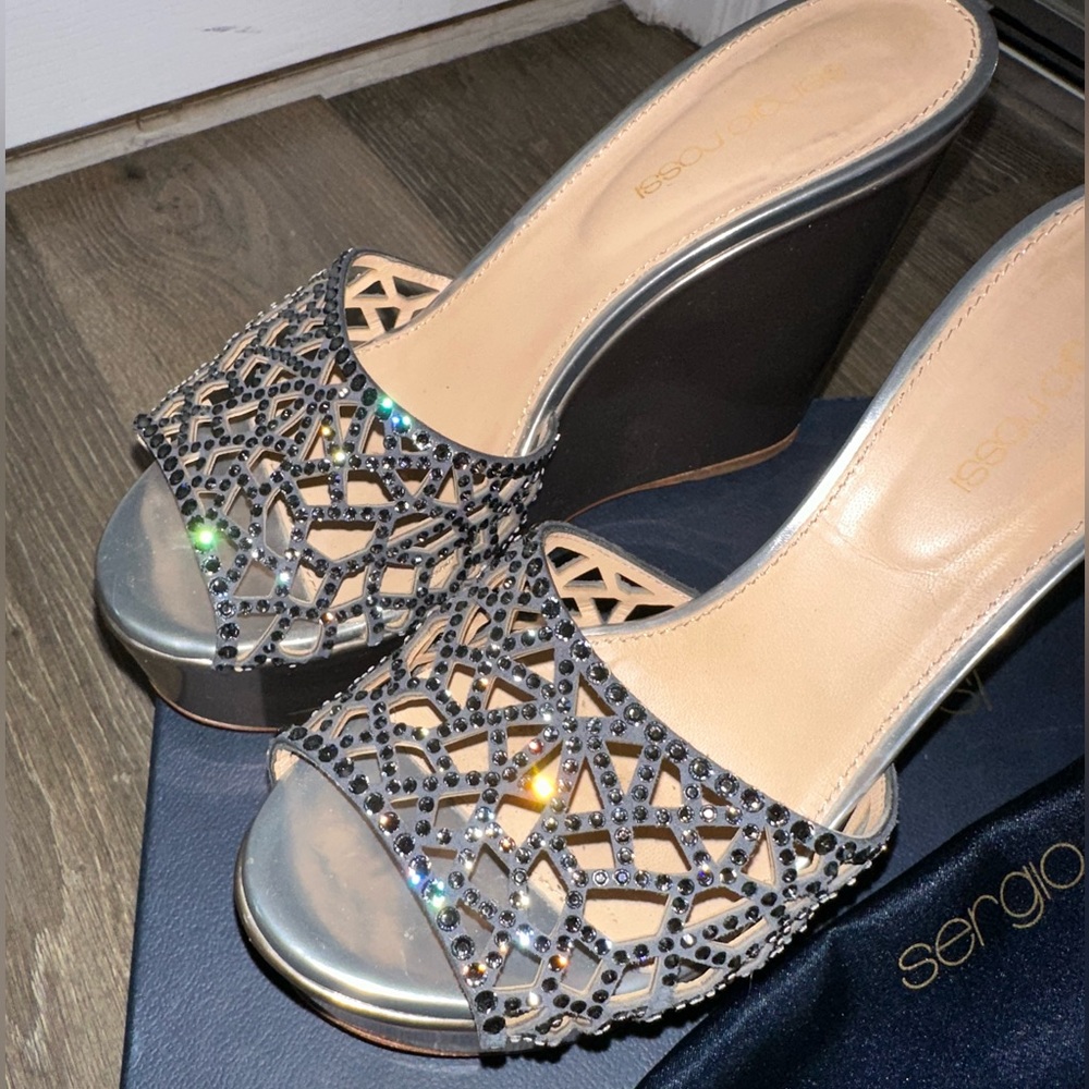 Sergio Rossi Tressor Laser-Cut Crystal-Leather Platform Sandal Slide